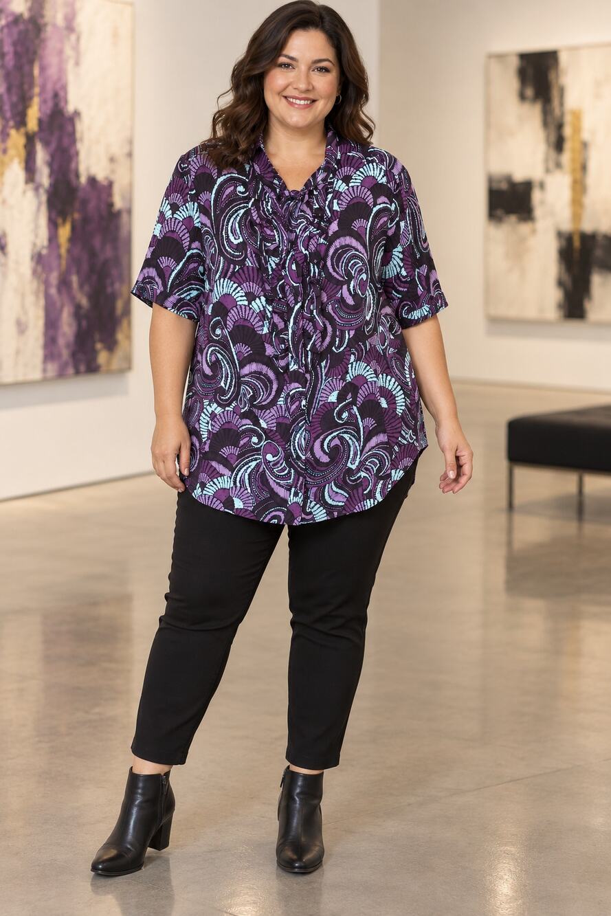 East 5th Woman 1X Purple Paisley Ruffle Button Tunic Blouse Artsy Boho Stretch
